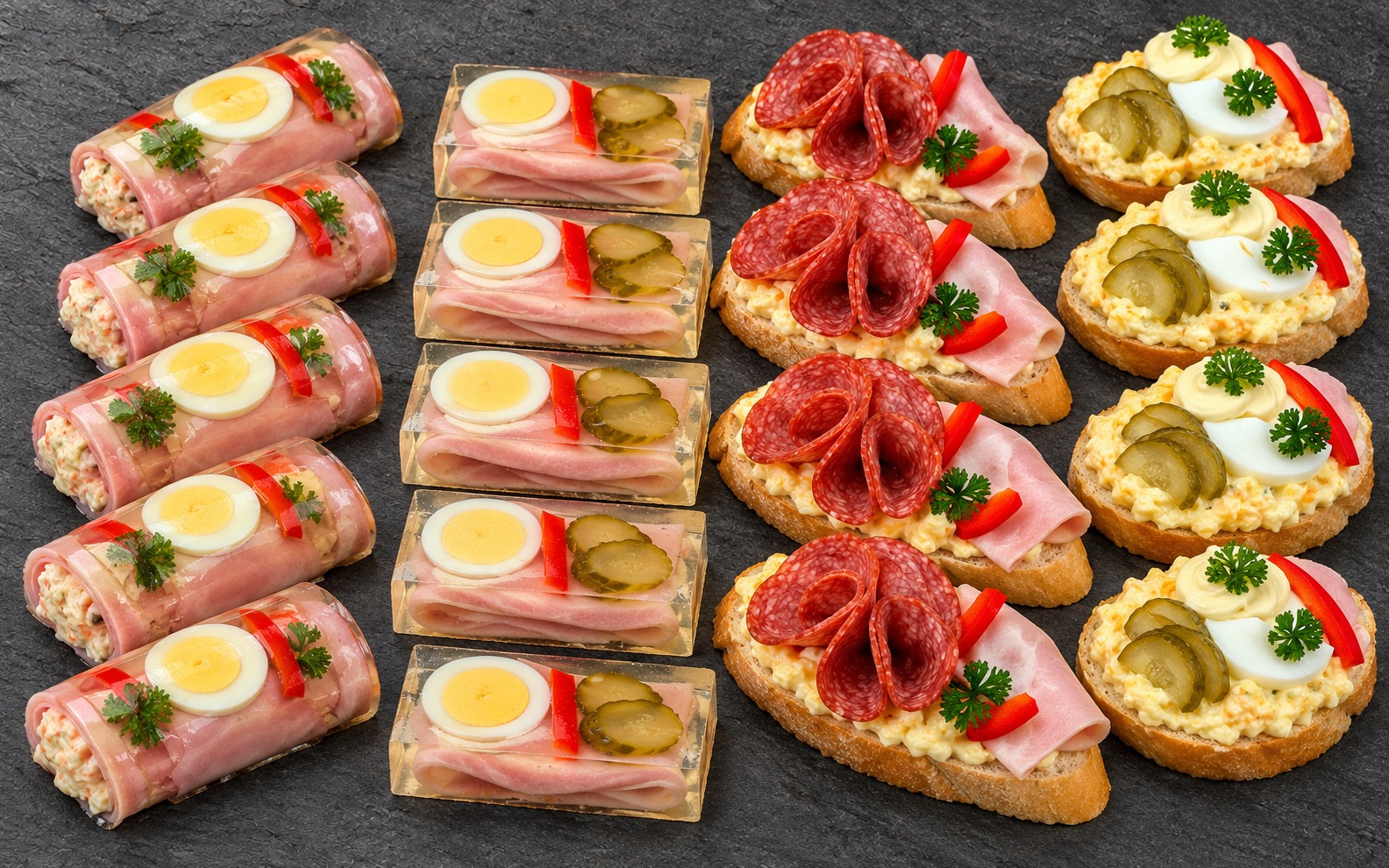Šunkové rolky a kostky v aspiku s vejcem a okurkou, vedle salámové chlebíčky